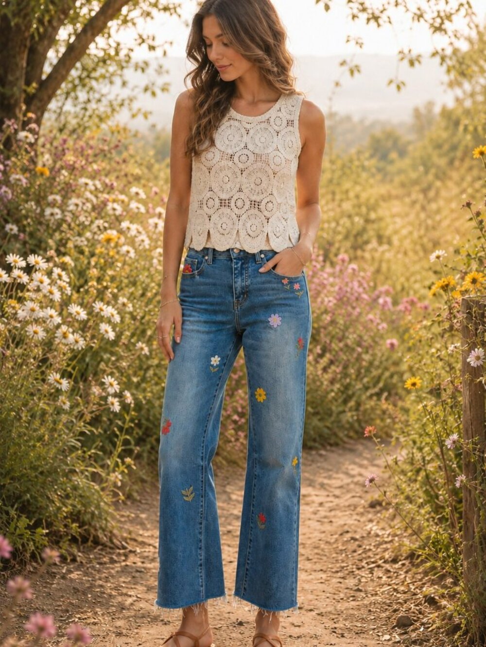 NWT Bayeas Flora Flower Child Mid Rise Embroidered Flare Jeans